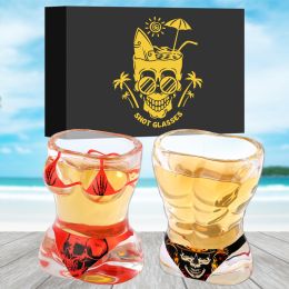 2 Pieces, Black Muscle Men's And Red Bikini Skull Style Glass Small Wine Glasses Bar Tools Christmas Gift, Halloween Gift, Birthday Gift, Company (Option: BlackRed)