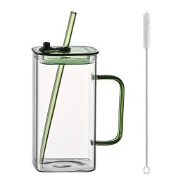1 Pcs Green Glass Straw Cup, 4 Colors Square Glass Cup With Straw And Lid, High Borosilicate Glass Cup, Milk Cup, Juice Cup, Cold Drink Cup, Coff (Option: Green)