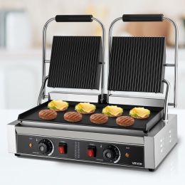 Commercial Panini Press Grill Electric Sandwich Maker Griddle Plate 19x9in (Option: Silver)