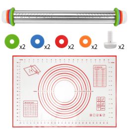 Dough Rolling Pin Dough Roller Stainless Steel Rolling Pins with 4 Removable Adjustable Thickness Rings and Rolling Mat (Color: Red)