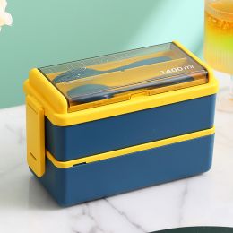 Portable Hermetic Grid Lunch Box School Children Student Bento Box With Fork Spoon Leakproof Microwavable Prevent Odor School (Color: Blue 1400ml)